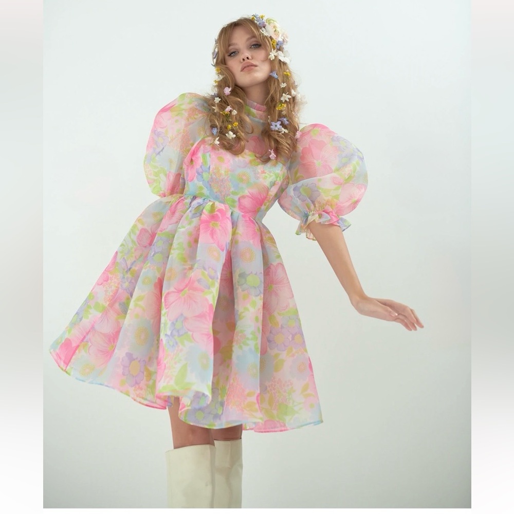Selkie Floral Royal Puff Sleeve Dress 1X